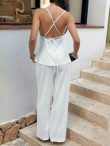 PoPoHouse Women's Elegant Cotton Two Pieces Set Sexy Backless Spaghetti Strap Cami Top & Loose Wide-Leg Pants Suit Summer Daily Casual Beach Vacation Party Going Out Outfit White Suit Women - White - View 2