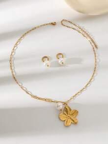 3pcs Gold Stainless Steel Plumeria Pendant Jewelry Set, Necklace Suitable For Gifting To Friends And Girlfriends - Frangipani + Earring Set - View 5