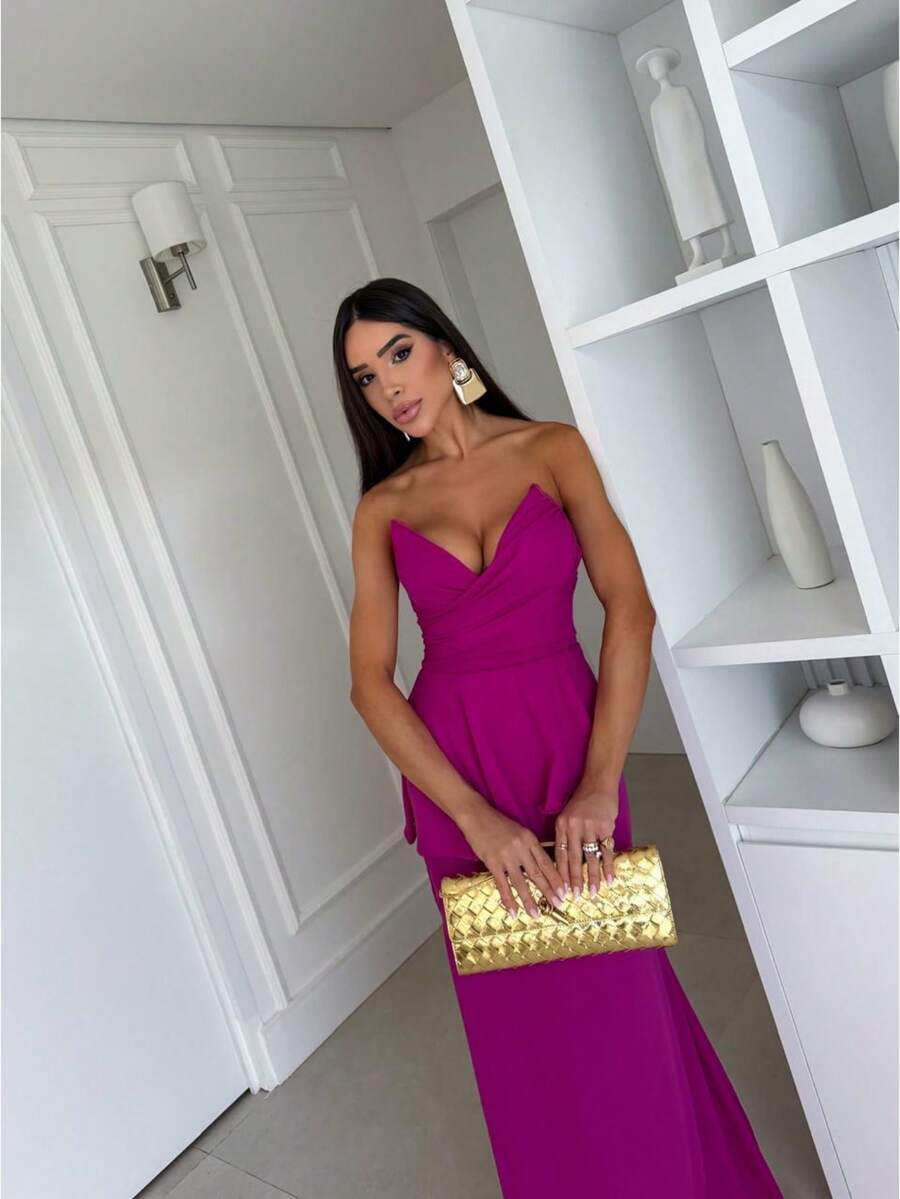 Luxury Strapless Dress In Structured Crepe - Perfect For Bridesmaids And Gala Events - Rosa Roja - Ver 1
