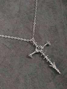 哥特式骷髅十字架吊坠项链，复古美式做旧项链，男女皆宜 - 銀色 - 查看 5