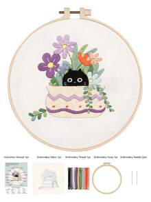 1 Set Embroidery Kit Suitable For Beginners, With Cat And Floral Pattern, 1 Set Includes 1 Embroidery Cloth + 1 Embroidery Hoop + 2 Embroidery Needles + 1 Set Of Colored Threads + 1 English Instruction Manual - Style a Material Package - View 6