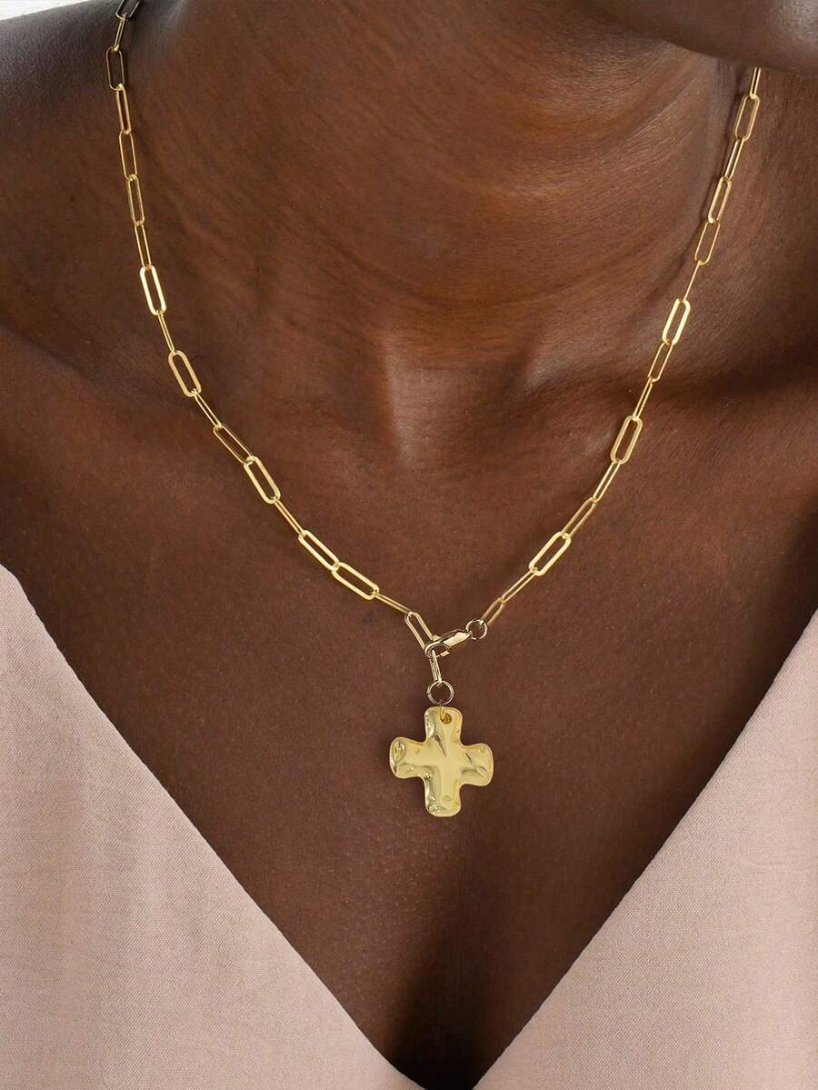 Oversized Gold-Color Cross Necklace, Exaggerated Large 14K Gold Plated Cross Pendant Long Necklace, Minimalist Gold Necklace, Fashionable Chunky Jewelry - 金色 - 查看 1
