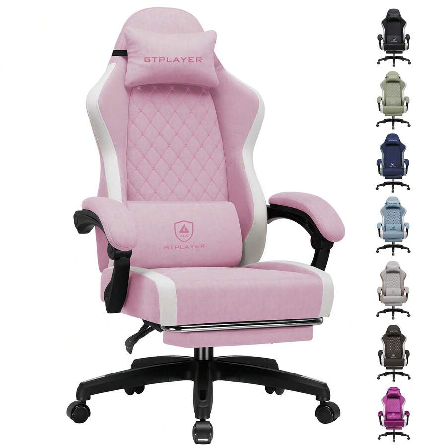 Fabric Gaming Chair With Footrest, Ergonomic Computer Desk Chair With Pocket Spring Cushion Home Office High Back Support Lumbar Support Heavy Duty Wide - Pink - View 1