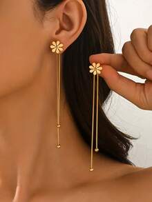1 Pair Unique Design 304 Stainless Steel Small Daisy Flower Tassel Long Earrings For Women - Gold - View 1
