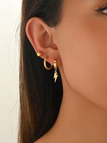 6pcs Set Minimalist French Luxury Lightning Pendant Stainless Steel Earrings, Versatile Daily Wear For Women - Multicolor - View 2