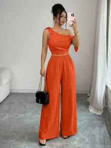 abyoxi Bộ 2 món màu cam gợi cảm, áo cổ lệch bất đối xứng thắt eo và quần ống rộng, trang phục thường ngày cho đi làm, du lịch, đi biển, mùa xuân/hè thanh lịch. - trái cam - Xem 9