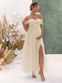 Joyfunear Off-Shoulder Mesh Sexy Maternity Dress Spring - Apricot - View 2