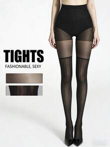A Pair Of Women's Mesh-Plaid Vertical-Striped Thigh-High Stockings, Pantyhose, Full-Length Stockings, Semi-Transparent Elastic Tight Pants, Sexy And Fashionable Stockings, Elegant And Fashionable, Made Of High-Quality Nylon Material. - Black - View 3
