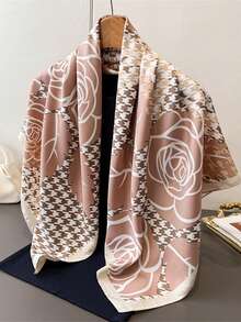 1条90x90厘米方形丝巾，女士斜纹真丝千鸟格玫瑰花卉图案，可作领巾、头巾或披肩使用。 - 彩色 - 查看 2