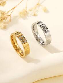 2 piezas Juego de anillos minimalistas de moda de acero inoxidable con baño de oro, incrustados con rhinestones blancos, adecuados para uso diario de mujeres o como regalo - Multicolor - Ver 9