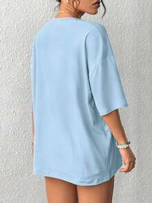 Women Floral Print Oversized Round Neck Drop Shoulder Casual T-Shirt,Vacation T-Shirts, Seaside T-Shirts, Casual Daily T-Shirts2026 - 藍色 - 查看 2