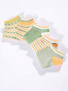 1/5 双浅绿色和橙色条纹浅口船袜，日式极简几何提花透气吸湿隐形短袜 - 彩色 - 查看 4