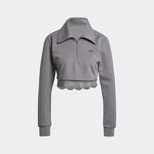 Adidas 女士春季翻领半拉链短款套头卫衣，时尚百搭超短针织卫衣 IY9024 - 灰色 - 查看 1
