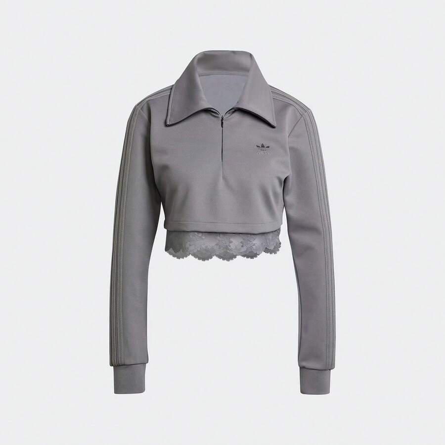 Adidas 女士春季翻领半拉链短款套头卫衣，时尚百搭超短针织卫衣 IY9024 - 灰色 - 查看 1