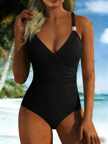 Women's Slimming V-Neck Swimsuit, Sexy Casual Elegant Beach Vacation Style, Summer Black - Black - View 1