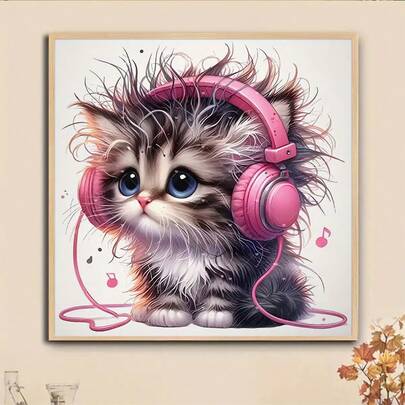 1件套5D钻石画套装，音乐猫图案，适合成人初学者DIY马赛克钻石画，全钻手工DIY钻石画，适用于客厅、卧室、办公室墙面装饰，惊喜艺术家居装饰礼物，送给家人和朋友，无框[30*30厘米/11.8*11.8英寸][40*40厘米/15.7*15.7英寸]
