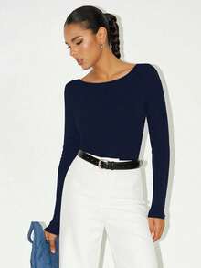 Sexy & Fashionable Backless Round Neck Long Sleeve Bodysuit, Versatile & Fitted, New Arrival Spring/Autumn Elegant Summer - Navy Blue - View 3