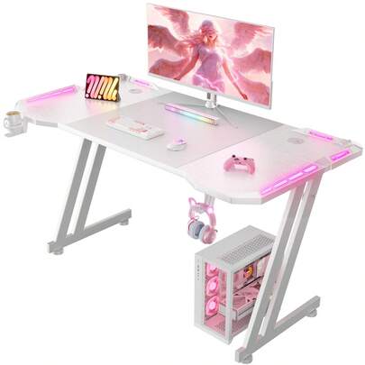 White Z-Shaped Gaming Desk With LED RGB Lights, Carbon Fiber Computer Gaming Table, Large Modern Ergonomic PC Desk For Home Office With Cup Holder & Headphone Hook, Easy To Assemble