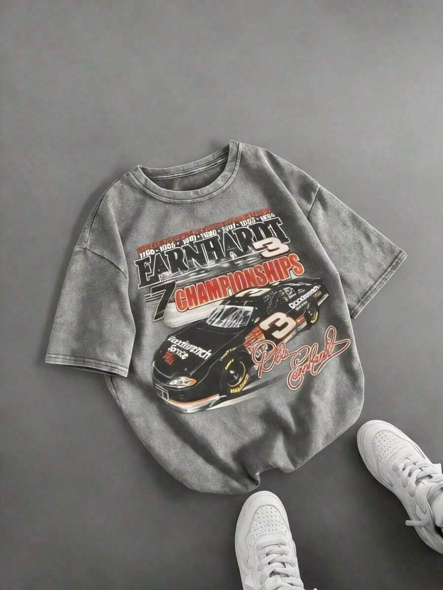 Retro DaleS Earnhardt #3 NASCARS 7 Championships Racing Car Graphic Tee,Casual Print,Comfortable And Versatile,Pure Cotton 220g Washed Printed T-Shirt - 灰色 - 查看 1