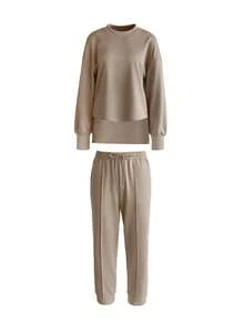 2pcs Women Solid Color Loose Top + Straight Leg Pants Set, Middle Eastern Casual Style Outfit, Suitable For Urban Outdoor Leisure Occasions, Autumn/Winter Spring - Khaki - View 5