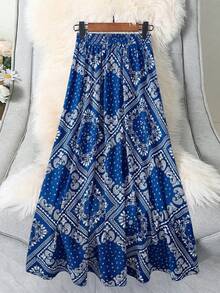 大码女装度假腰果印花弹力腰半身裙 - 藍色 - 查看 1