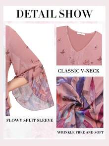 Women's Casual 3/4 Sleeve Floral Double-Layer Loose Pleated Mesh Blouse Vacation Spring - Coral Pink - View 4