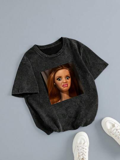 Cute Doll Face Print Women Short Sleeve Vintage Casual Daily Washed Cotton T-Shirt | Retro Style, Round Neck, Plus Size Women Summer Clothing Black