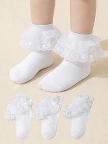 3 Pairs Children/Teens White Thin Lace Princess Dance Socks With Double Ruffle Trim - White - View 8