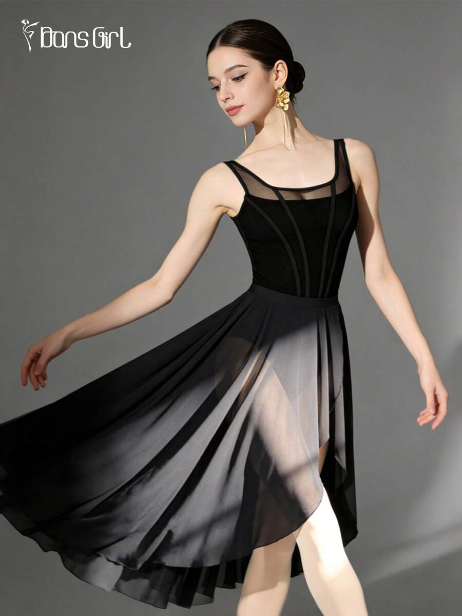 DonsGirl 1pc Women's Ballet Maxi Skirt, Asymmetric Ruffled Design With High Slit, Flowy Dance Dress For Solo Dance, Stage Performance & Carnival Sports