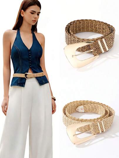 1pc Women Wide Braided Belt Straw Woven Belt Irregular Metal Buckle Adjustable Boho Waist Belt Summer Beach Dress Belt