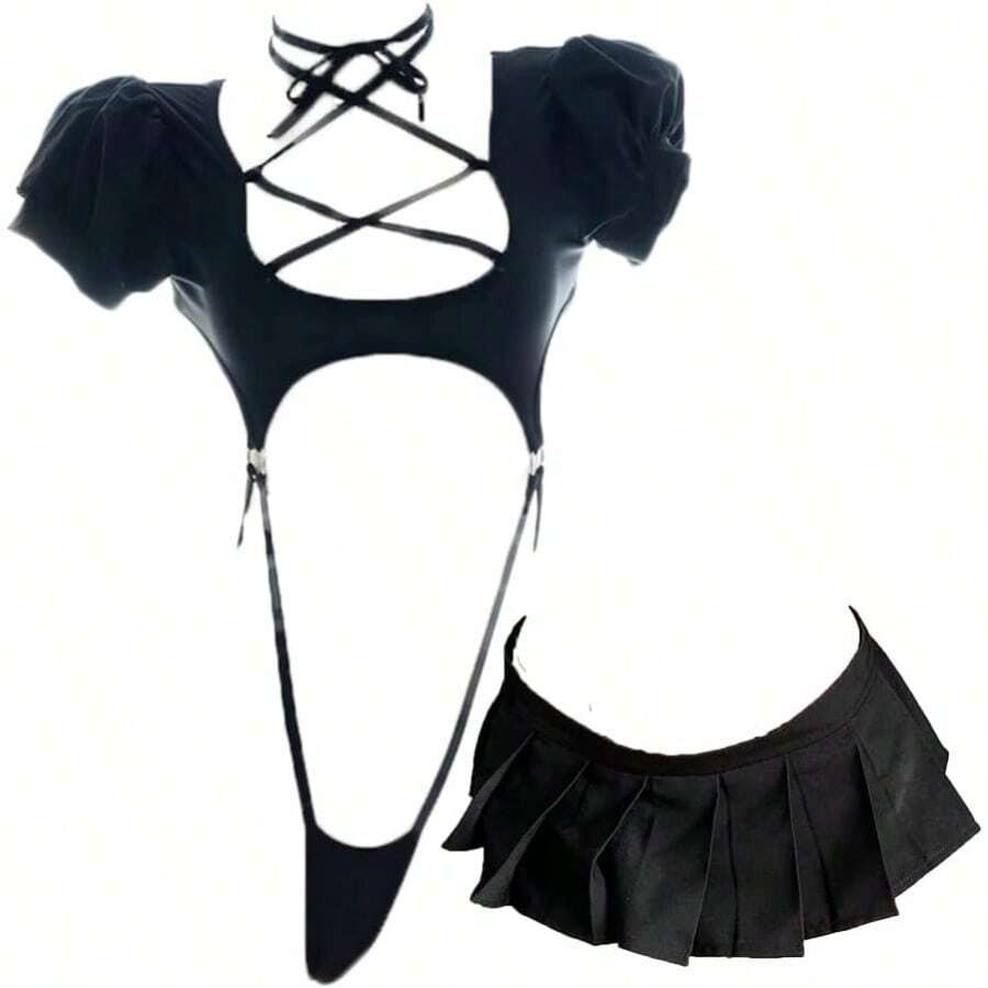 Cosplay Lingerie Anime Costume Sexy Cutout Bodysuit Cute Mini Skirt Kawaii Top Lolita Underwear Japanese Swimsuit - màu đen - Xem 1