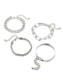 4pcs Women's Fashion Mixed Braided Chain Bracelets, Minimalist Spiral Exaggerated Hip-Hop Metal Chain Bracelet Set - Multicolor - View 6