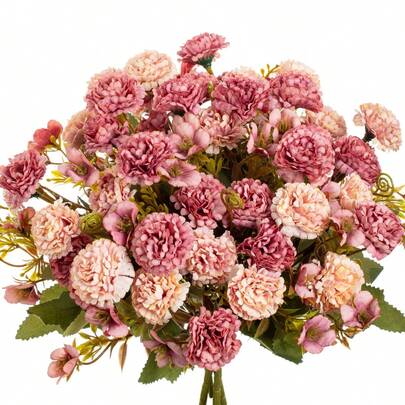 1束仿真丝康乃馨花束，逼真效果，适用于家居、餐厅、客厅、户外花园装饰，也可用于婚礼、家庭花园和派对装饰，是人造花、婚礼用花、新娘捧花、婚礼用品、婚礼装饰、装饰花卉和春季装饰的理想之选。