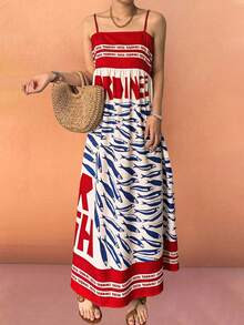 2026 Nuevo vestido de verano para mujer con estampado de peces, tirantes finos y largo medio, estilo retro de mercado casual para vacaciones, corte evasé fluido, patrón de bloques de color rojo, blanco y azul, diseño de cintura alta elástica, adecuado para día de playa, festival de música, salida al campo, vacaciones, picnic, aventura al aire libre, uso diario y moda callejera, estilo bohemio primavera/verano 2026 - Multicolor - Ver 6