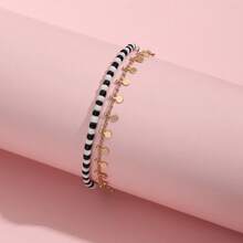 2pcs/Set Gelang Kaki Manik-Manik Hitam & Putih Gaya Bohemian, Gelang Kaki Rumbai Koin Berlapis, Aksesori Perhiasan Liburan Pantai untuk Wanita - Hitam dan Putih - View 4