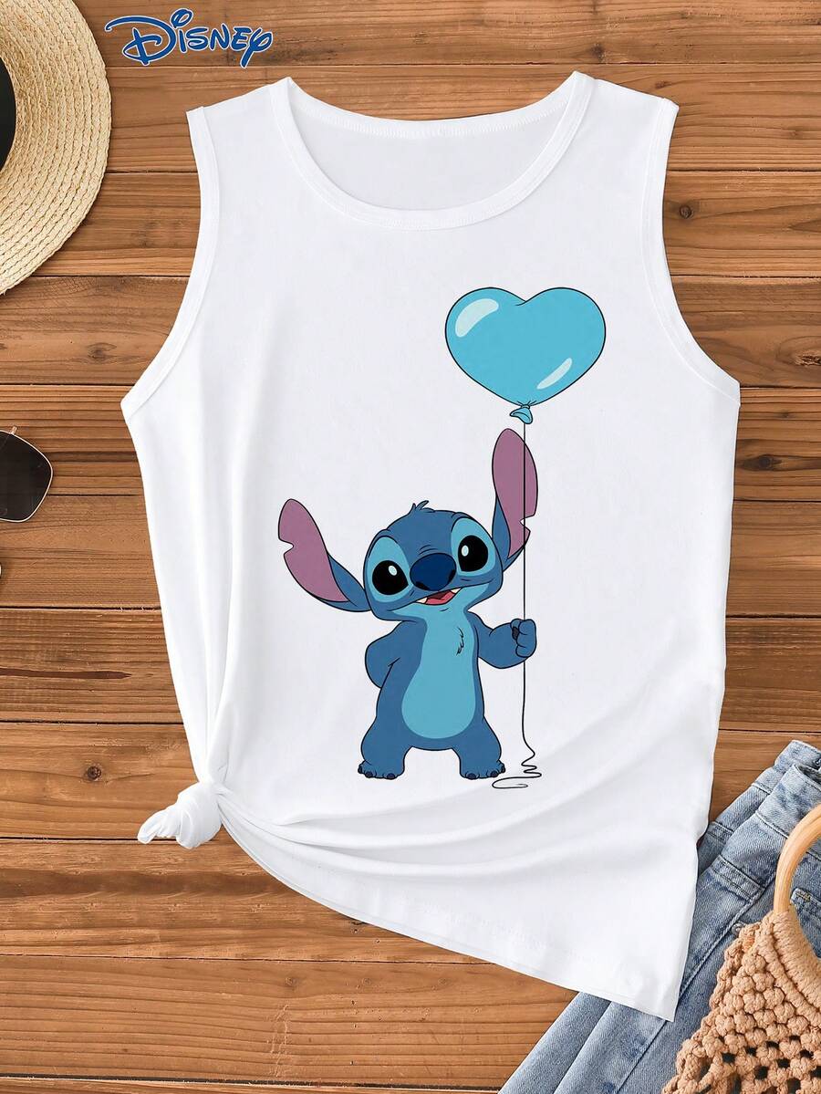Disney Áo hai dây nữ in họa tiết đường may, áo tank top thời trang nữ, cổ tròn, co giãn, phù hợp mặc hàng ngày, chất liệu dễ giặt ủi, áo vest nữ thường ngày. - trắng - Xem 1