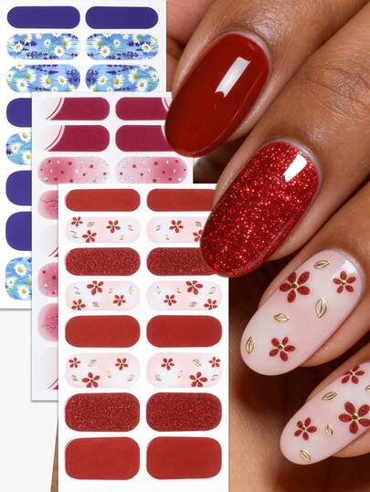48 Pcs Red Blue French Stripe Nail Wraps, Floral Bow Rhinestone Adorned, Exquisite Romantic Style Nail Strips, Easy To Apply, Perfect For Women's Daily Casual Home DIY Nail Art Stickers.