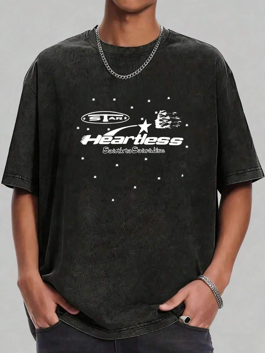 Hellstars Heartless Star Graphic Y2K Washed Print Round Neck Short Sleeve T-Shirt, 230g 100% Cotton T-Shirt, Summer Clothes, Men's Tops, Casual And Comfortable, Fashionable Graphic Tee, Unisex Style - 黑色 - 查看 1