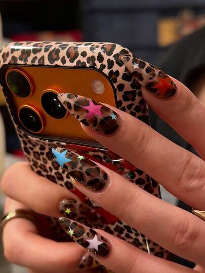 24pcs/Set Minimalist Vintage Leopard Print, Colorful Star, Y2K Graffiti Style Medium Almond Press-On Nails, Includes Gel Polish And Nail File, Suitable For Girls/Women For Daily Wear, Music Festivals, Carnival Parties