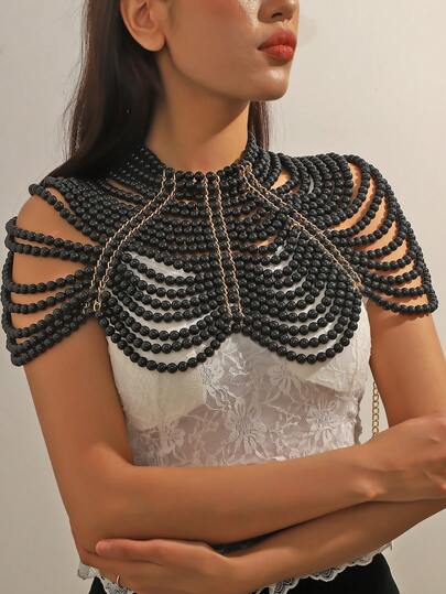 1 قطعة سلسلة جسم من اللؤلؤ الاصطناعي الأسود، تصميم موجي أنيق للزفاف والحفلات والعروض الأزياء والهدايا