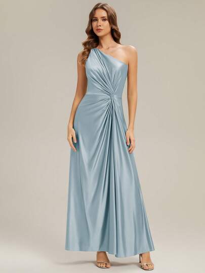 EVERPRETTY Luxury Romantic Satin Asymmetric Neckline Ruched Waist Blue Bridesmaid Dress, Fitted Silhouette, Suitable For Spring/Summer Wedding Guest, Prom, Graduation Party, Vacation