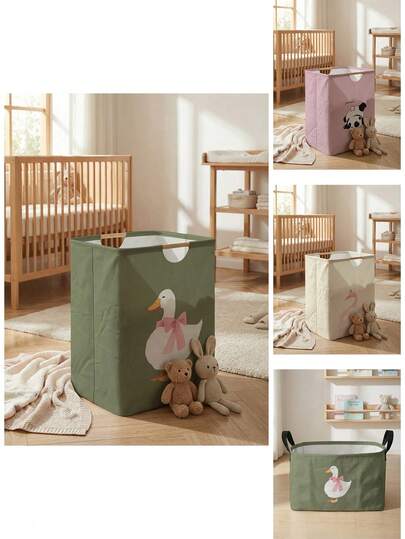 Large Capacity Foldable Laundry Basket With Animal Print, Wooden Handle, Multipurpose For Bathroom, Nursery, Dirty Clothes, Toys & Household Storage