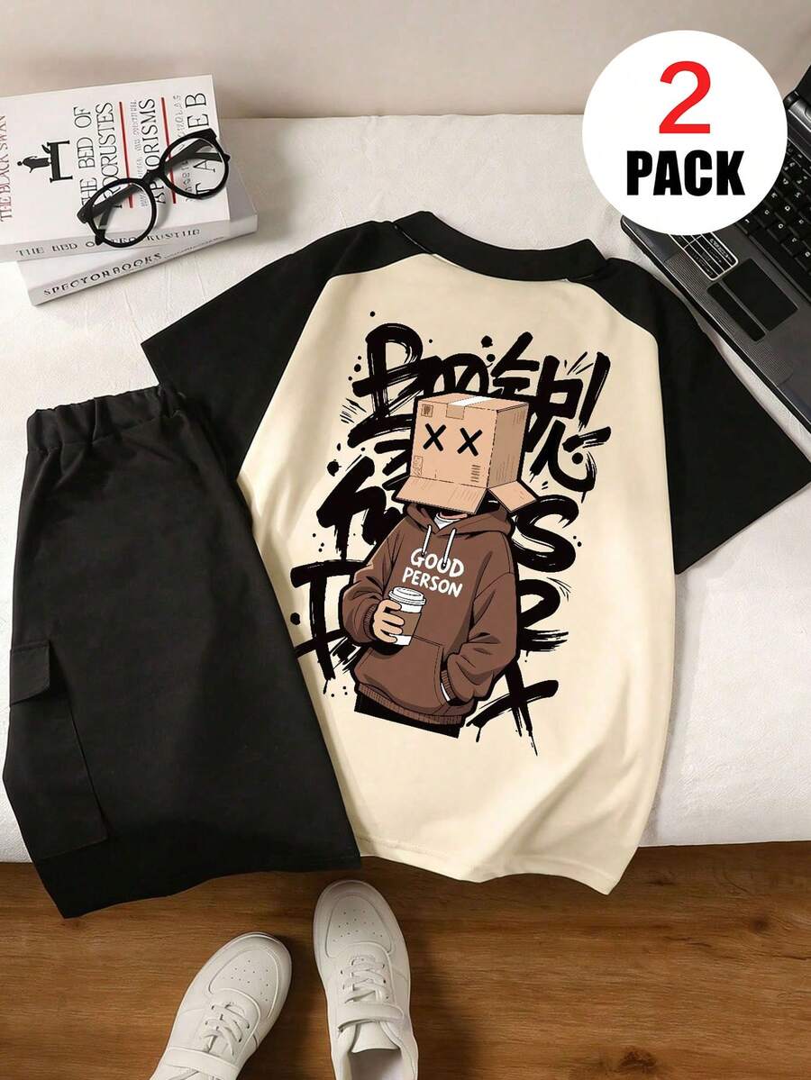 Bộ 2 món áo POLO ngắn tay & quần short thời trang cho bé trai, họa tiết hoạt hình bé trai, thiết kế cổ đứng, phong cách lịch lãm & thời thượng, phù hợp mặc mùa hè - Nhiều màu - Xem 1