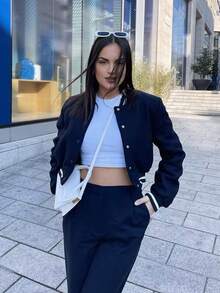 Chaqueta bomber azul marino holgada para mujer - Primavera con cuello alto, manga larga, botones delanteros, estilo callejero elegante con bolsillos - azul real - Ver 2