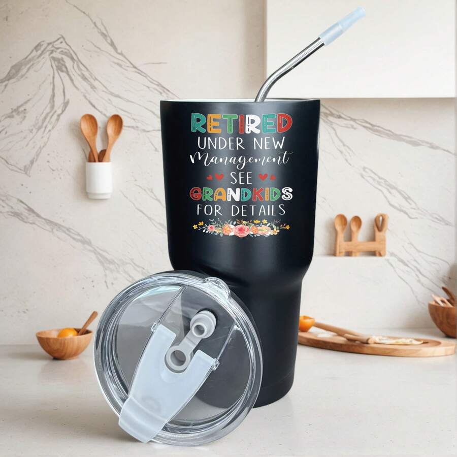30oz Stainless Steel Tumbler Black White Options, Retired Under New Management See Grandkids For Details Graphic Cups, Insulated Travel Coffee Mug With Lid And Straw , Double Wall Vacuum Reusable Travel Cups, Funny Birthday Party Gift For Men - 黑色 - 查看 1