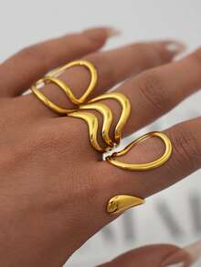 Frminee 3pcs/1pc Minimalist 18K Gold-Plated Stainless Steel Ring Set, Waterproof And Stylish Rings, Stackable Statement Jewelry, Western Jewelry, Suitable For Everyday Wear, And A Holiday Gift. - Multicolor - View 3