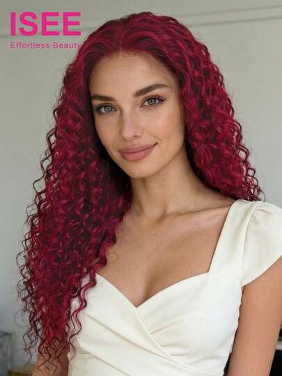 ISEE 水波纹免胶假发，7*5透明蕾丝假发，16-28英寸，180%密度，酒红色，预拔毛预剪蕾丝，时尚假发，未经加工的真人处女发，外观自然，风格百搭，100%真人发假发，度假休闲，活力四射，旅行必备，节日装扮，伴娘礼物，运动度假旅行，节日户外活动，角色扮演，校园海滩，精心打造的魅力假发，派对必备假发，自然蕾丝假发
