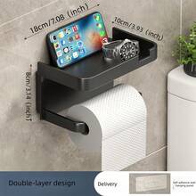 Wall-Mounted Toilet Paper Holder With Storage Shelf - Can Be Installed Using Adhesive Or Screws Without Drilling Holes. Suitable For Storing Toilet Paper And Placing Mobile Phones. Bathroom Decor - Multicolor - View 4