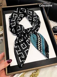 1pc Imitation Silk Minimalist Letter Print 70cm Square Scarf/Bandana, Unisex Sun Protection, Versatile Head Wrap, Neck Scarf Accessory - Black - View 1