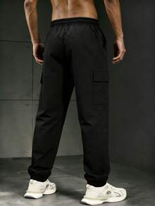 1pc Men's Loose Casual Sports Pants, Suitable For Spring/Autumn, Daily Commute, Workout, Running, Outdoor, Hiking, Relaxed Fit, Fashionable, Solid Color, Ankle-Length, Drawstring - Black - View 3